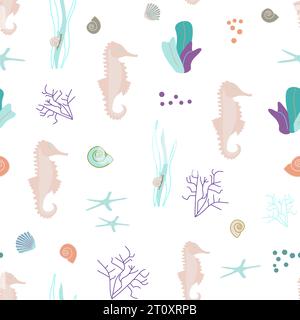 colorful seashells and seahorses seamless pattern without background Stock Vector