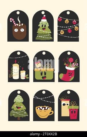 Gift tags on dark background with happy Chrtsmas trees, smiling gift boxes, cute cocoa cups, peaceful candles and garlands. Stock Vector