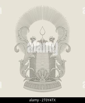 Candle with antique floral ornament and rays, Vintage medieval engraving drawing style illustration Stock Vector