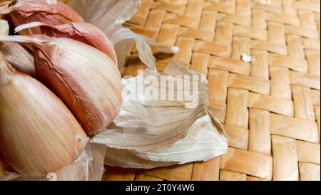 Garlic photo on a black and white theme on a traditional background Stock Photo