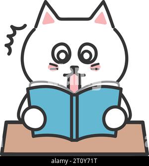 White cartoon cat being shocked while reading a book, vector illustration. Stock Vector