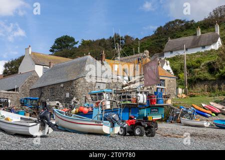 Cadgwith Village in Cornwall, fishing boats on the shingle beach cove,Cornwall,England 2023 September 2023 Stock Photo