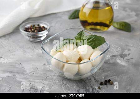 Tasty mozarella balls, basil leaves and spices on grey textured table Stock Photo