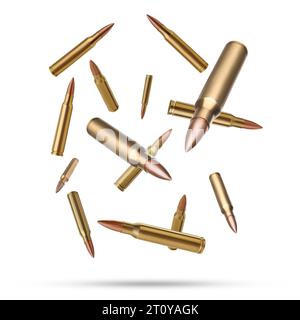 Many bullets falling on white background. Firearm ammunition Stock Photo