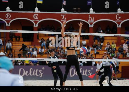 Tlaxcala, Mexico. 09th Oct, 2023. October 9, 2023, Tlaxcala, Mexico: Louisa Lippmann (2) of team Germany competes against team Brazil during the Brazil vs Germany Women's match of the Beach Volleyball World Cup. on October 9, 2023 in Tlaxcala, Mexico. (Photo by Essene Hernandez/ Credit: Eyepix Group/Alamy Live News Stock Photo