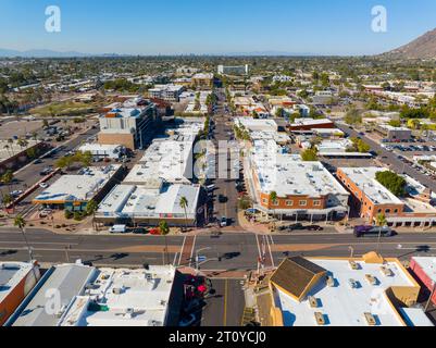 Scottsdale city center aerial view on Main Street at Scottsdale Road in city of Scottsdale, Arizona AZ, USA. Stock Photo