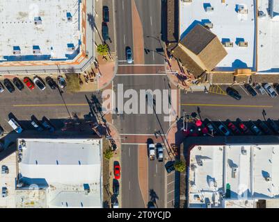 Scottsdale city center aerial view on Scottsdale Road at Main Street in city of Scottsdale, Arizona AZ, USA. Stock Photo