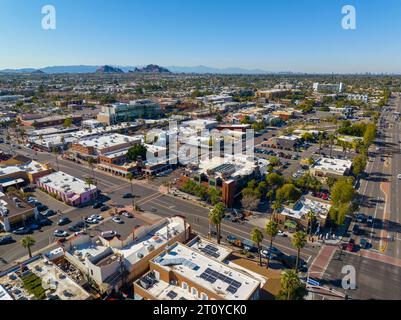 Scottsdale city center aerial view on Scottsdale Road at Indian School Road at the background in city of Scottsdale, Arizona AZ, USA. Stock Photo