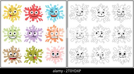 facial expression cartoon of colorful splash water, coloring book or page Stock Vector