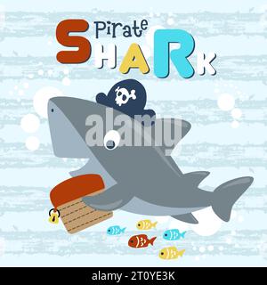 vector cartoon of pirate shark with treasure chest, colorful fishes on cracked striped background Stock Vector