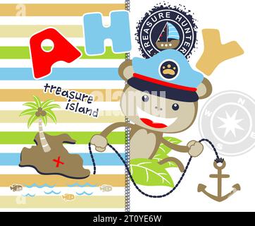 Cute monkey with sailing elements on colorful striped background, vector cartoon illustration Stock Vector