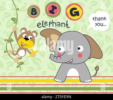 vector cartoon of funny monkey holding banana with elephant on leaves background pattern Stock Vector