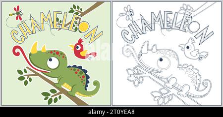 Cute chameleon on tree branch hunt dragonfly with a bird, vector cartoon, coloring page or book Stock Vector