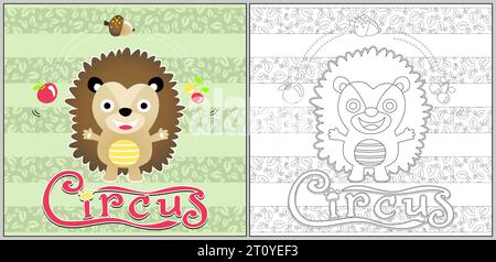 Vector cartoon illustration of cute hedgehog juggling fruits in circus show, coloring page or book Stock Vector