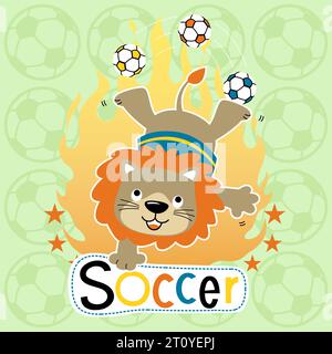 vector cartoon of funny lion in soccer attraction on ball background pattern Stock Vector
