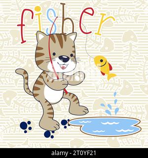 cute cat cartoon fishing on fish bone background pattern Stock Vector