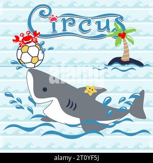Vector cartoon of funny shark with crab and starfish playing soccer on wave background pattern Stock Vector