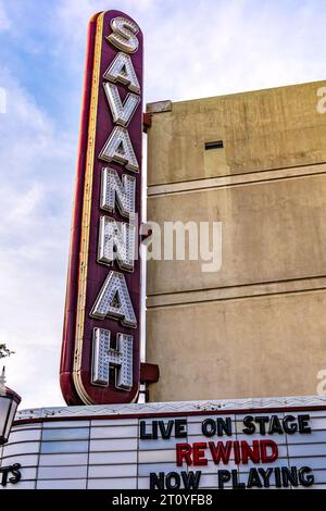 The historic Savannah Theatre, originally constructed in 1818, stands at Chippewa Square in the Historic Landmark District of Savannah, Georgia. (USA) Stock Photo