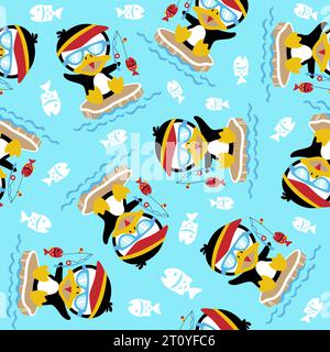 vector seamless pattern of cartoon penguin fishing Stock Vector