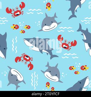 vector seamless pattern of marine animals cartoon. Funny shark with crab and fish Stock Vector