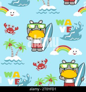 seamless pattern vector of cartoon cute hippo with crab, beach holiday elements Stock Vector