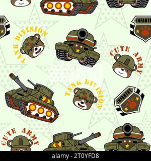 seamless pattern vector of armored vehicles cartoon with funny bear soldiers Stock Vector