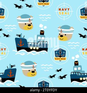 seamless pattern vector of cartoon navy seal elements with funny bear in sailor cap Stock Vector