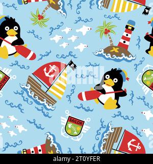 seamless pattern vector of cute penguin sailor with sailing elements illustration Stock Vector