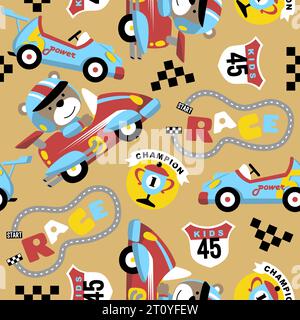 Seamless pattern vector of funny bear on racing cars. Motorsport elements cartoon Stock Vector
