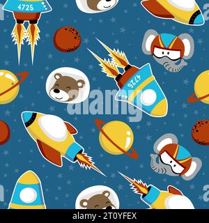 seamless pattern vector of funny animals head wearing astronaut helmet with spaceship Stock Vector