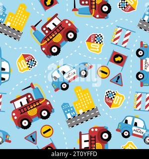 seamless pattern vector of rescue vehicles cartoon with city traffic element Stock Vector