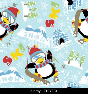 seamless pattern vector of cartoon funny penguin skiing, winter elements Stock Vector