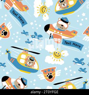 seamless pattern vector of cartoon funny animals on aircraft with birds and sky objects Stock Vector