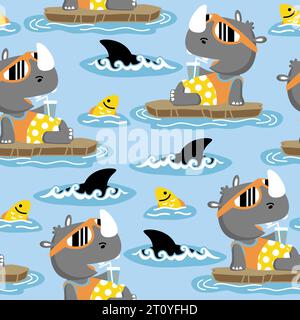 seamless pattern vector of funny rhino cartoon relaxing with fishes Stock Vector