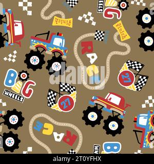 vector seamless pattern of cartoon monster truck with racing elements Stock Vector
