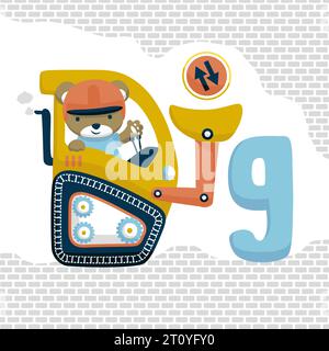 Vector illustration of cute bear cartoon on yellow digger on bricks background Stock Vector