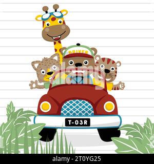 Vector illustration of funny animals cartoon on red truck Stock Vector