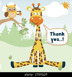 Vector illustration of cartoon animals, giraffe sitting and owl perch on tree branches on trees background Stock Vector