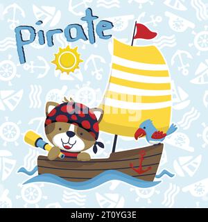 Vector illustration of cartoon cat in pirate costume with parrot on sailboat on sailing elements pattern background Stock Vector