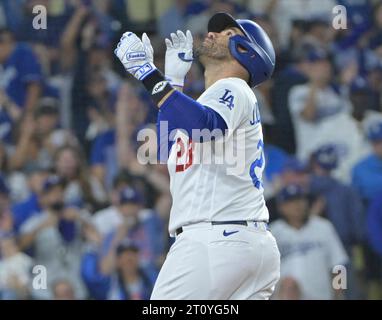 Los Angeles, United States. 09th Oct, 2023. Los Angeles Dodgers designated hitter J.D. Martinez reacts after scoring on a two-out solo home run against the Arizona Diamondbacks during the fourth inning in game two of the 2023 National League Division series at Dodgers Stadium in Los Angeles on Monday, October 9, 2023. Arizona leads Los Angeles 1-0 in the five-game series. Photo by Alexander Gallardo/UPI Credit: UPI/Alamy Live News Stock Photo