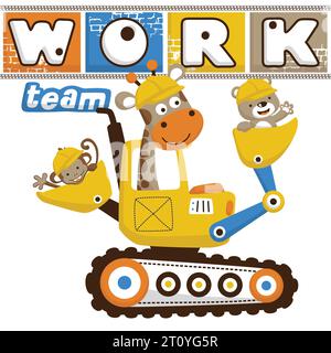 Vector illustration of cartoon animals wearing worker helmet on backhoe Stock Vector