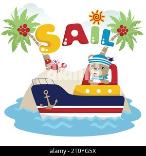 Vector illustration of cartoon bear in sailor costume on boat, little island background Stock Vector