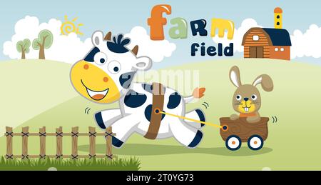 Cartoon vector of farm animals in farm field, farm elements illustration, cow pulling bunny with cart Stock Vector