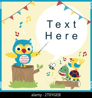 Invitation card template with cute animals singing, vector cartoon illustration Stock Vector