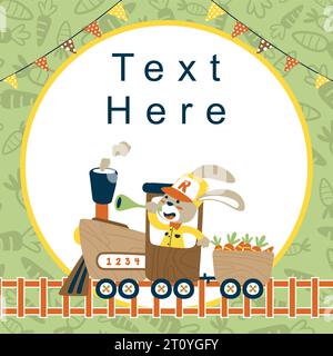Vector cartoon of invitation card template with bunny on wooden steam train holding trumpet on carrots pattern Stock Vector