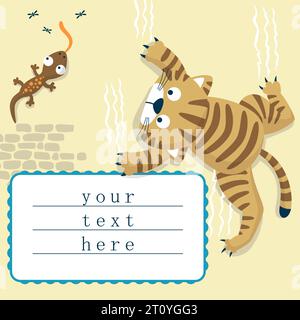 Invitation card template of a cat climbing wall, lizard hunting mosquitoes. Vector cartoon illustration Stock Vector