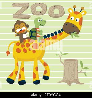 Vector cartoon illustration of monkey and turtle ride on giraffe's back on striped background Stock Vector