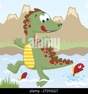 vector cartoon of funny dinosaur trying to catch fish on volcanoes background Stock Vector