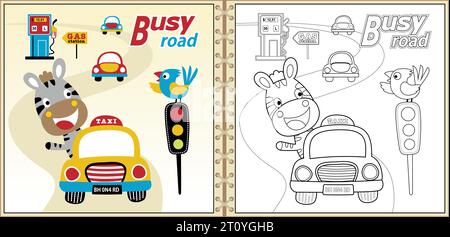 Cartoon vector of cute zebra driving car, bird perching on traffic light, traffic elements, coloring book Stock Vector