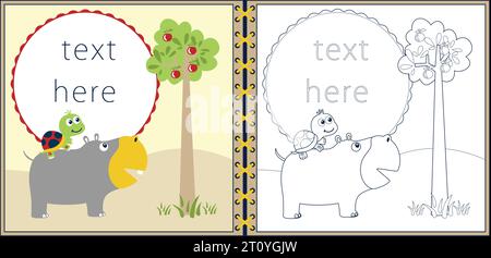 Invitation card template, coloring book or page with funny animals cartoon, turtle ride on hippo's back with fruit tree Stock Vector